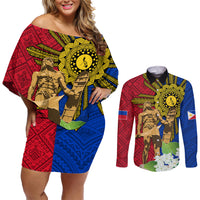 Philippines Lapu Lapu King Jasmine Flowers Couples Matching Off Shoulder Short Dress and Long Sleeve Button Shirt Filipino Sun Tattoo - Wonder Print Shop