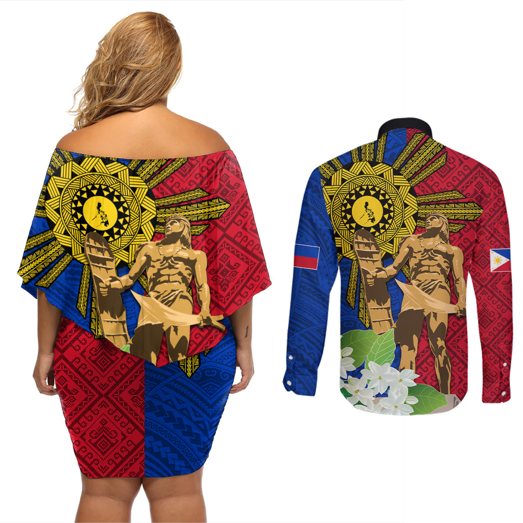 Philippines Lapu Lapu King Jasmine Flowers Couples Matching Off Shoulder Short Dress and Long Sleeve Button Shirt Filipino Sun Tattoo - Wonder Print Shop