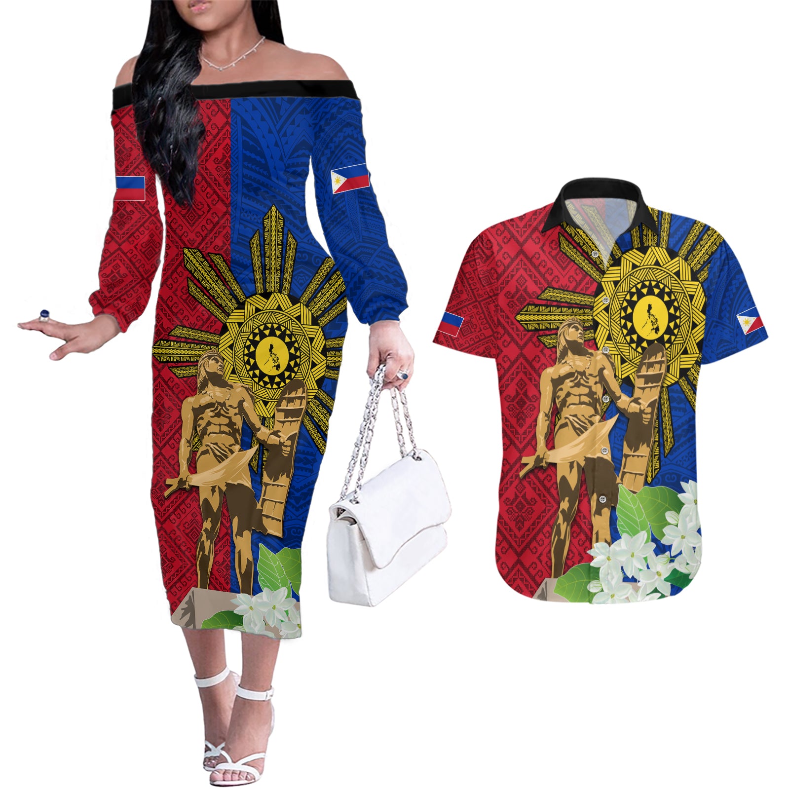 Philippines Lapu Lapu King Jasmine Flowers Couples Matching Off The Shoulder Long Sleeve Dress and Hawaiian Shirt Filipino Sun Tattoo - Wonder Print Shop
