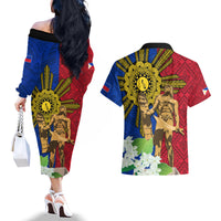 Philippines Lapu Lapu King Jasmine Flowers Couples Matching Off The Shoulder Long Sleeve Dress and Hawaiian Shirt Filipino Sun Tattoo - Wonder Print Shop