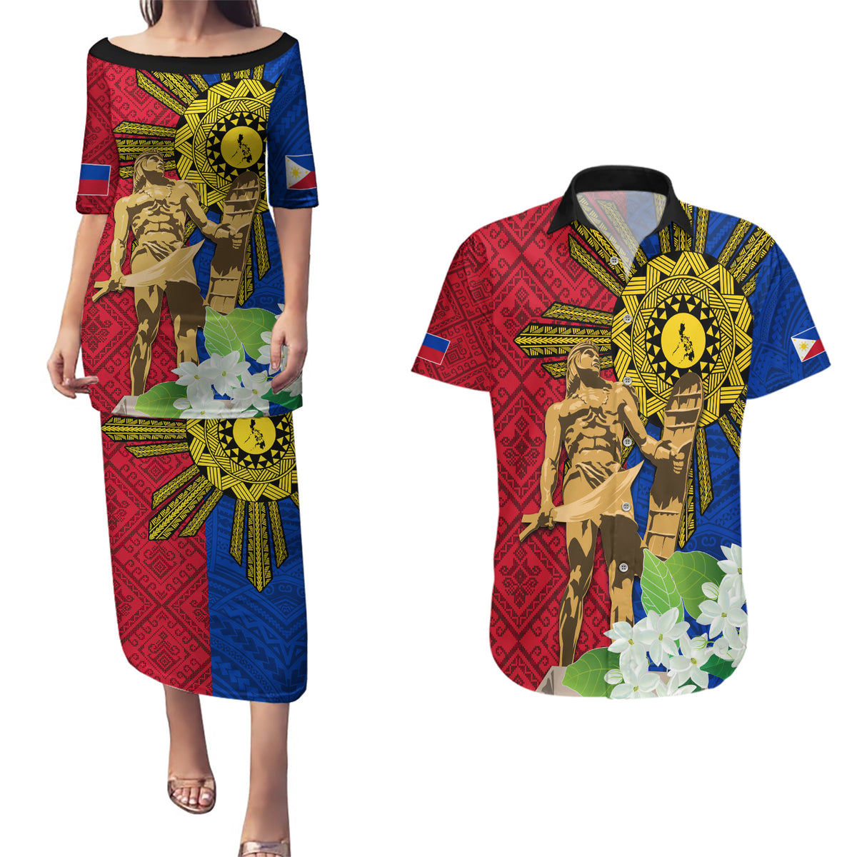 Philippines Lapu Lapu King Jasmine Flowers Couples Matching Puletasi and Hawaiian Shirt Filipino Sun Tattoo - Wonder Print Shop