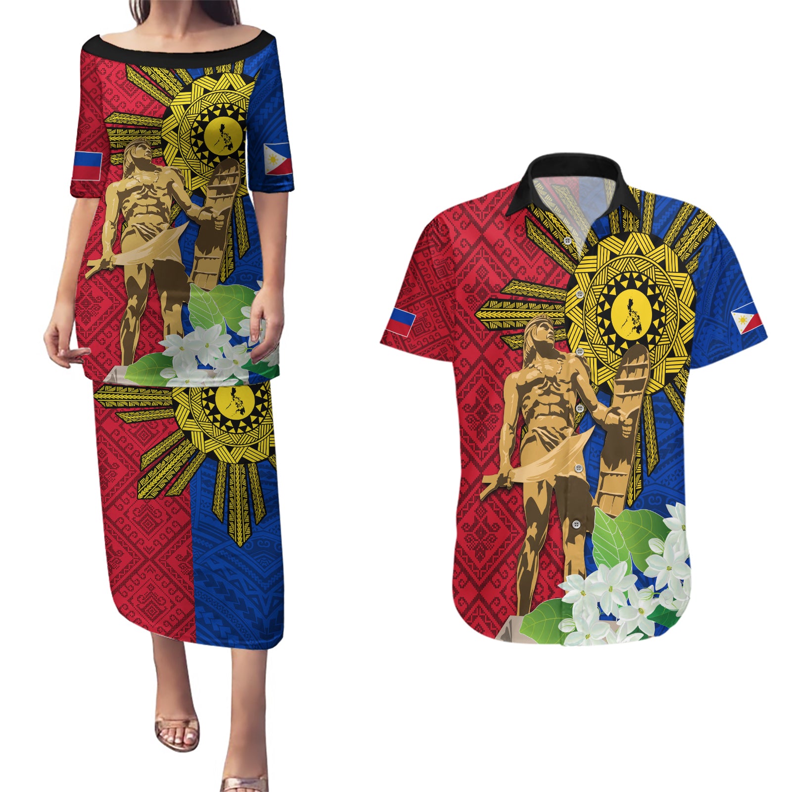Philippines Lapu Lapu King Jasmine Flowers Couples Matching Puletasi and Hawaiian Shirt Filipino Sun Tattoo - Wonder Print Shop