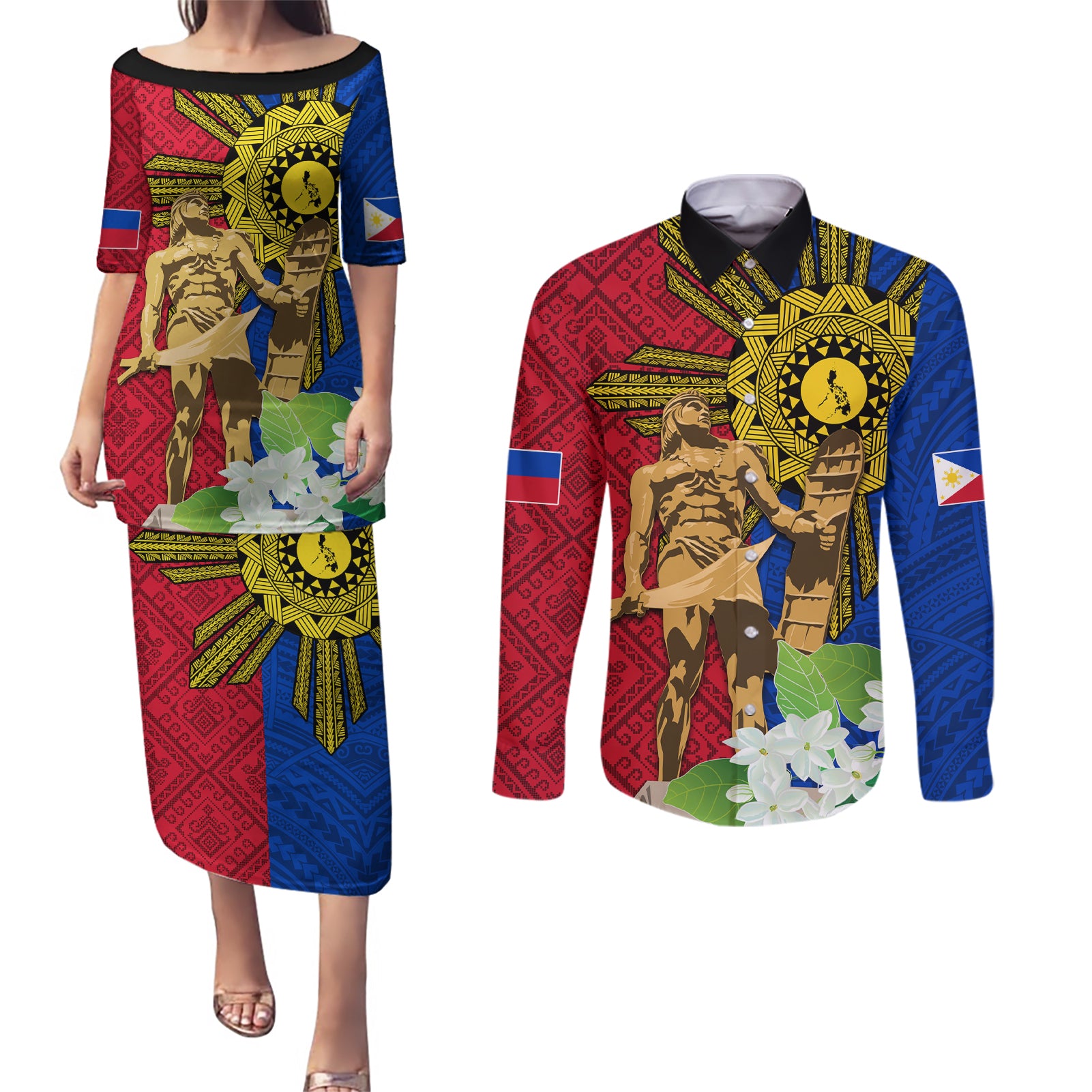Philippines Lapu Lapu King Jasmine Flowers Couples Matching Puletasi and Long Sleeve Button Shirt Filipino Sun Tattoo - Wonder Print Shop