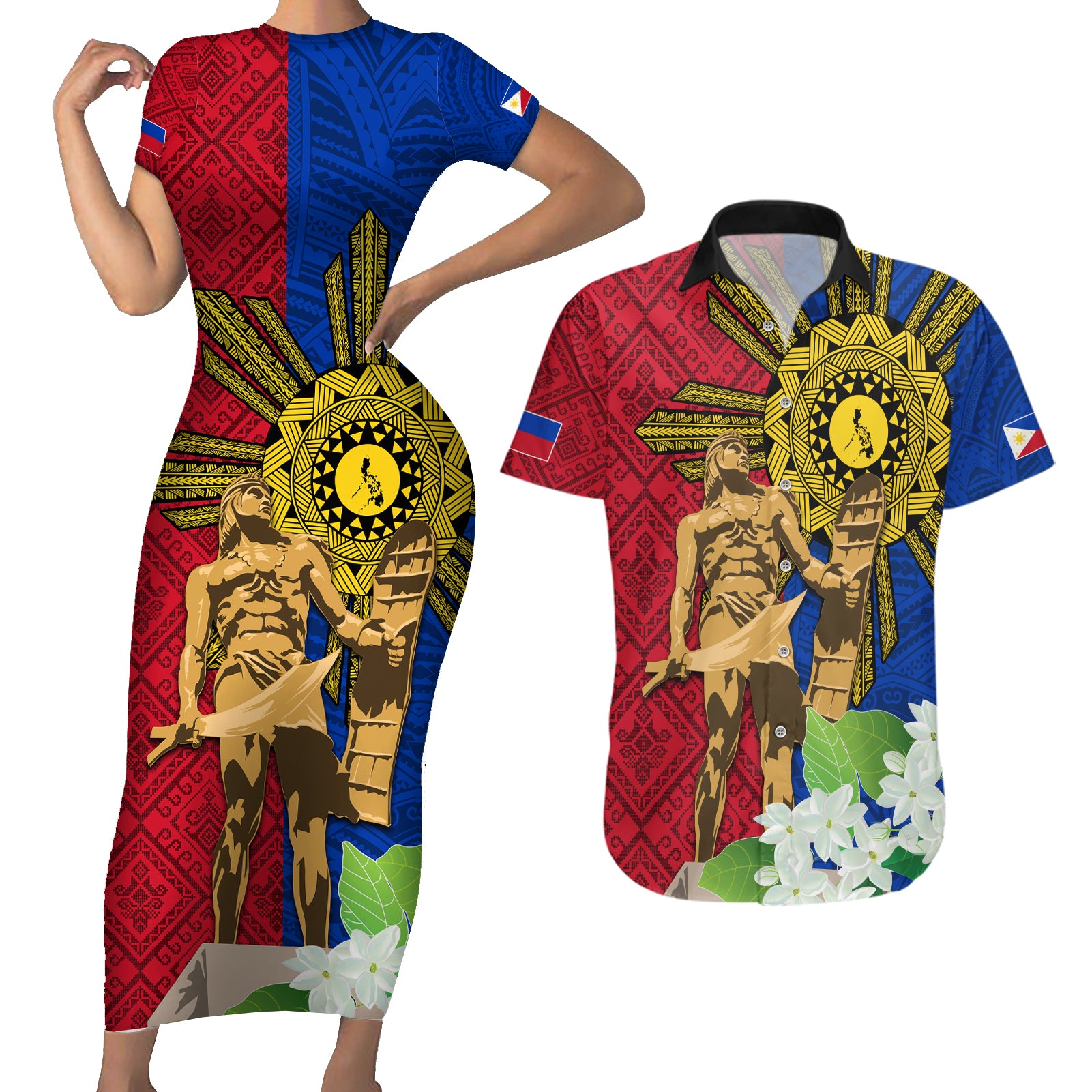Philippines Lapu Lapu King Jasmine Flowers Couples Matching Short Sleeve Bodycon Dress and Hawaiian Shirt Filipino Sun Tattoo - Wonder Print Shop