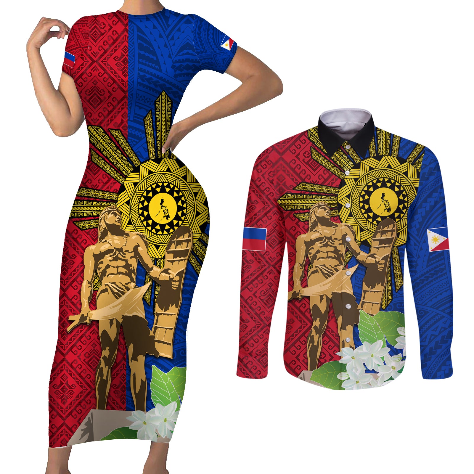 Philippines Lapu Lapu King Jasmine Flowers Couples Matching Short Sleeve Bodycon Dress and Long Sleeve Button Shirt Filipino Sun Tattoo - Wonder Print Shop