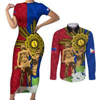 Philippines Lapu Lapu King Jasmine Flowers Couples Matching Short Sleeve Bodycon Dress and Long Sleeve Button Shirt Filipino Sun Tattoo - Wonder Print Shop