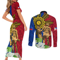 Philippines Lapu Lapu King Jasmine Flowers Couples Matching Short Sleeve Bodycon Dress and Long Sleeve Button Shirt Filipino Sun Tattoo - Wonder Print Shop