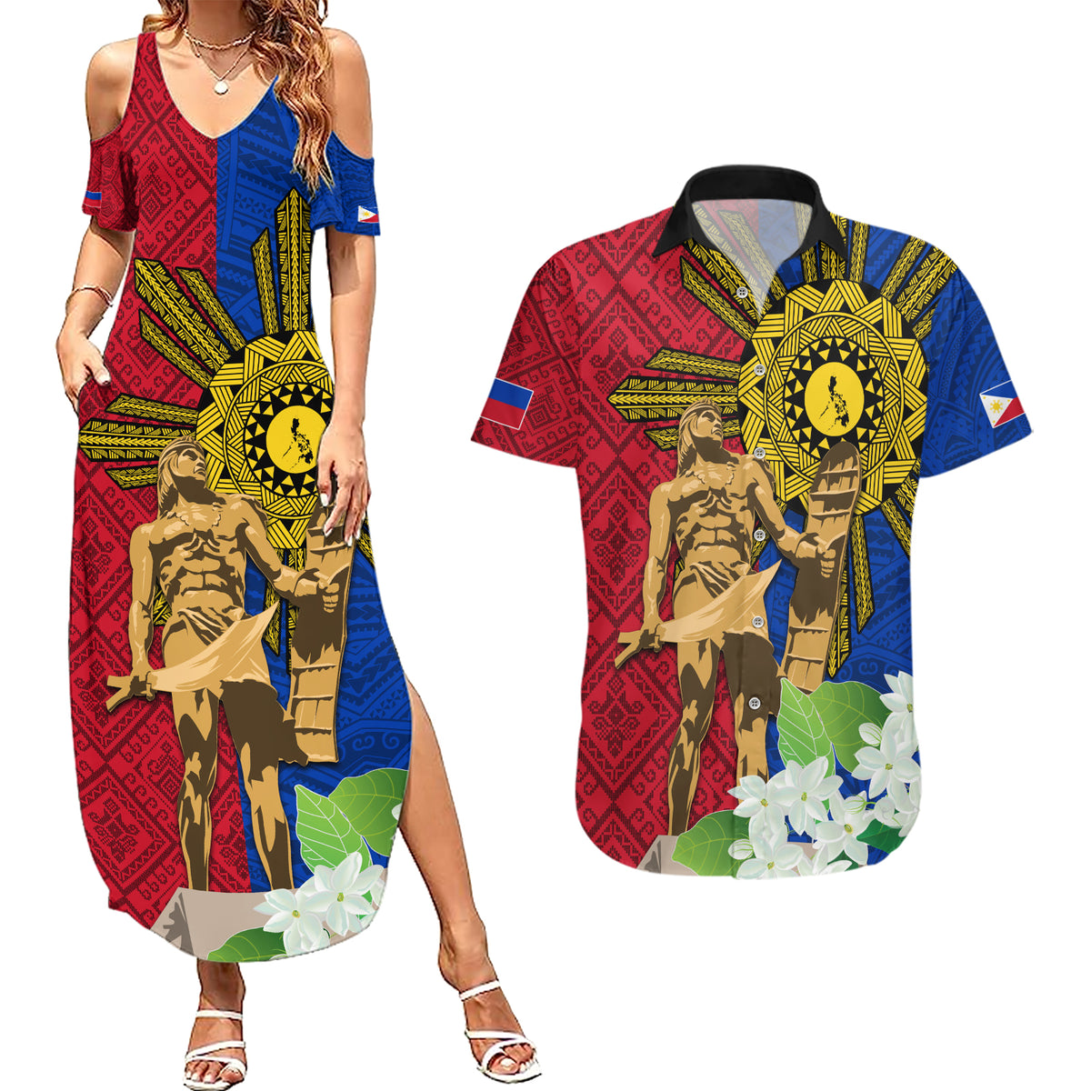 Philippines Lapu Lapu King Jasmine Flowers Couples Matching Summer Maxi Dress and Hawaiian Shirt Filipino Sun Tattoo - Wonder Print Shop