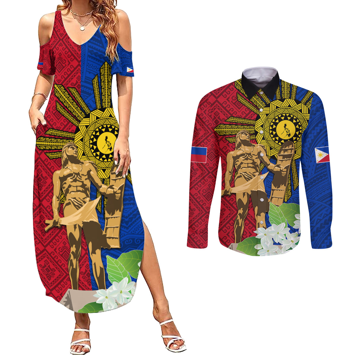Philippines Lapu Lapu King Jasmine Flowers Couples Matching Summer Maxi Dress and Long Sleeve Button Shirt Filipino Sun Tattoo - Wonder Print Shop
