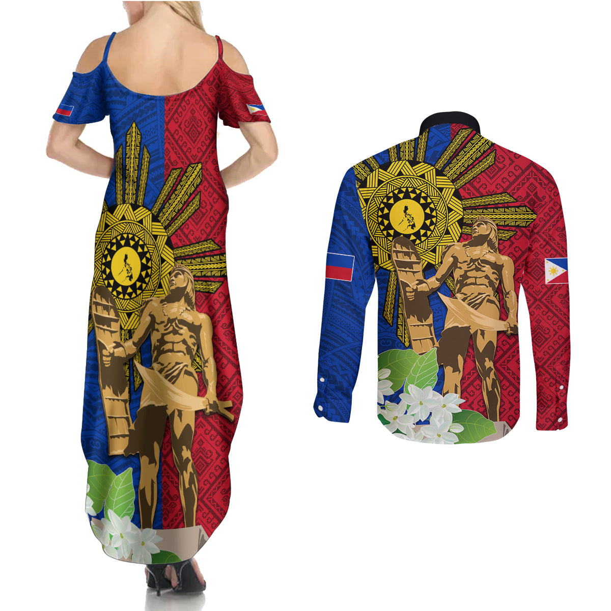 Philippines Lapu Lapu King Jasmine Flowers Couples Matching Summer Maxi Dress and Long Sleeve Button Shirt Filipino Sun Tattoo - Wonder Print Shop
