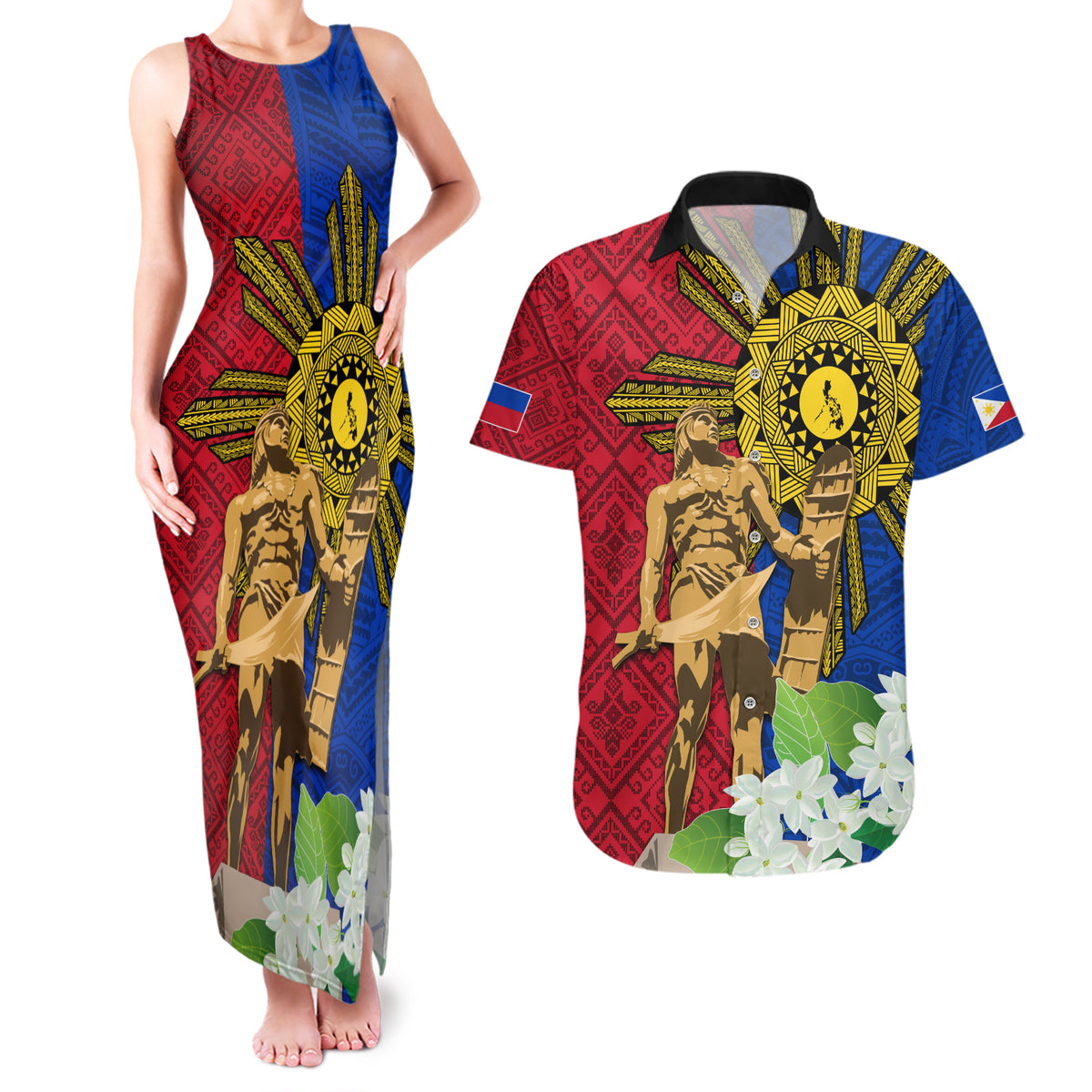 Philippines Lapu Lapu King Jasmine Flowers Couples Matching Tank Maxi Dress and Hawaiian Shirt Filipino Sun Tattoo - Wonder Print Shop