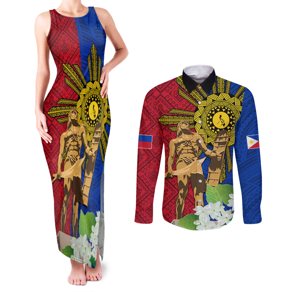 Philippines Lapu Lapu King Jasmine Flowers Couples Matching Tank Maxi Dress and Long Sleeve Button Shirt Filipino Sun Tattoo - Wonder Print Shop
