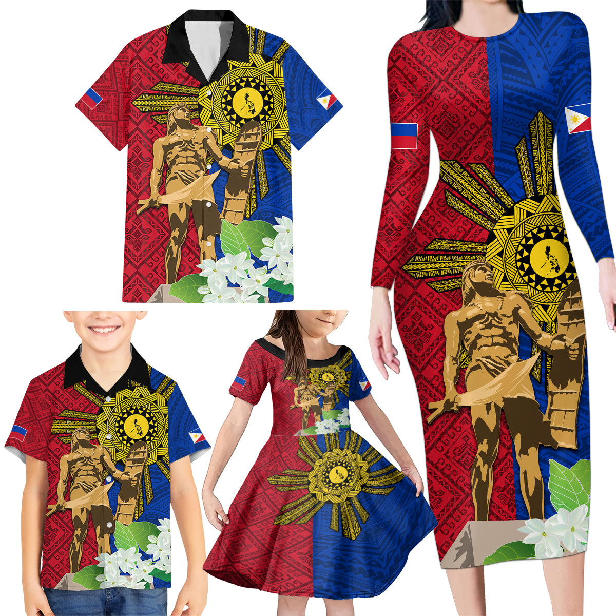 Philippines Lapu Lapu King Jasmine Flowers Family Matching Long Sleeve Bodycon Dress and Hawaiian Shirt Filipino Sun Tattoo - Wonder Print Shop