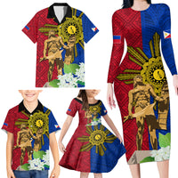 Philippines Lapu Lapu King Jasmine Flowers Family Matching Long Sleeve Bodycon Dress and Hawaiian Shirt Filipino Sun Tattoo - Wonder Print Shop