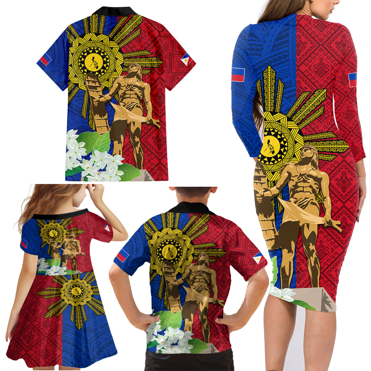 Philippines Lapu Lapu King Jasmine Flowers Family Matching Long Sleeve Bodycon Dress and Hawaiian Shirt Filipino Sun Tattoo - Wonder Print Shop