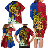 Philippines Lapu Lapu King Jasmine Flowers Family Matching Long Sleeve Bodycon Dress and Hawaiian Shirt Filipino Sun Tattoo - Wonder Print Shop