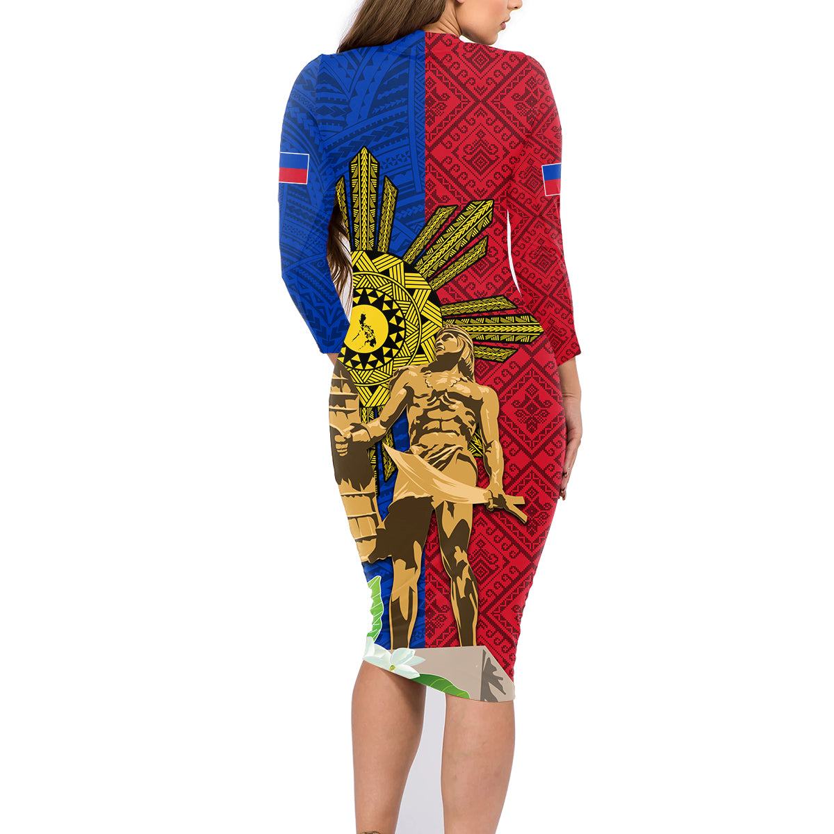 Philippines Lapu Lapu King Jasmine Flowers Family Matching Long Sleeve Bodycon Dress and Hawaiian Shirt Filipino Sun Tattoo - Wonder Print Shop