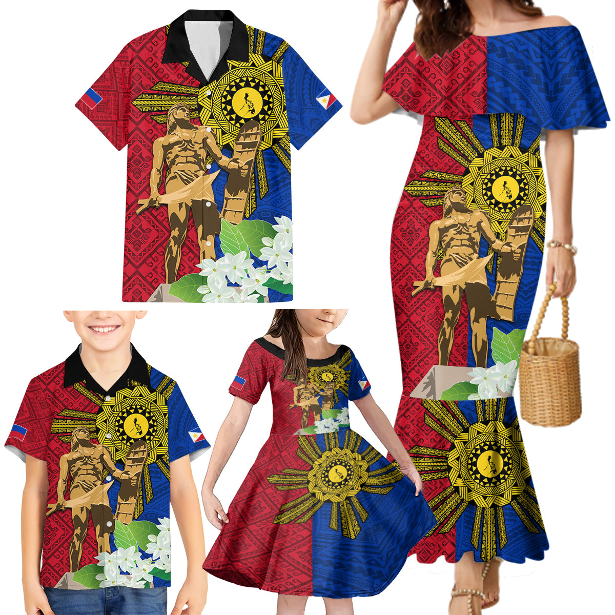 Philippines Lapu Lapu King Jasmine Flowers Family Matching Mermaid Dress and Hawaiian Shirt Filipino Sun Tattoo - Wonder Print Shop
