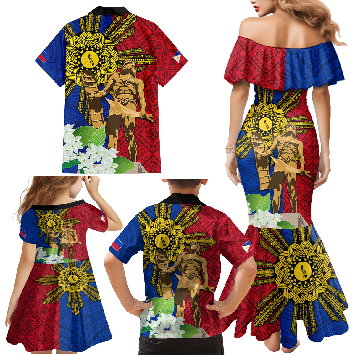 Philippines Lapu Lapu King Jasmine Flowers Family Matching Mermaid Dress and Hawaiian Shirt Filipino Sun Tattoo - Wonder Print Shop