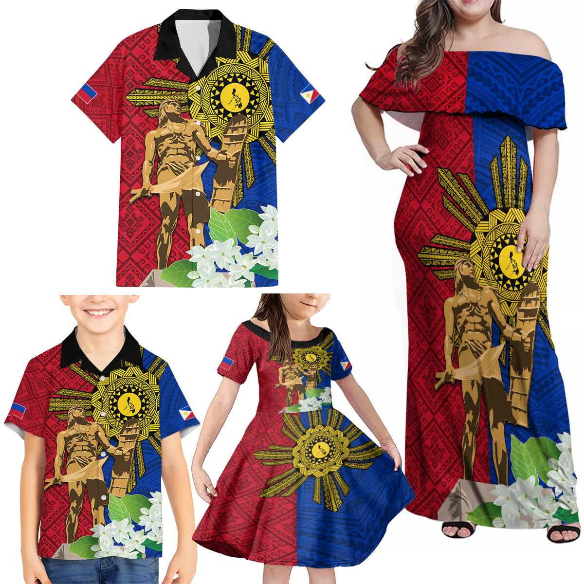 Philippines Lapu Lapu King Jasmine Flowers Family Matching Off Shoulder Maxi Dress and Hawaiian Shirt Filipino Sun Tattoo - Wonder Print Shop