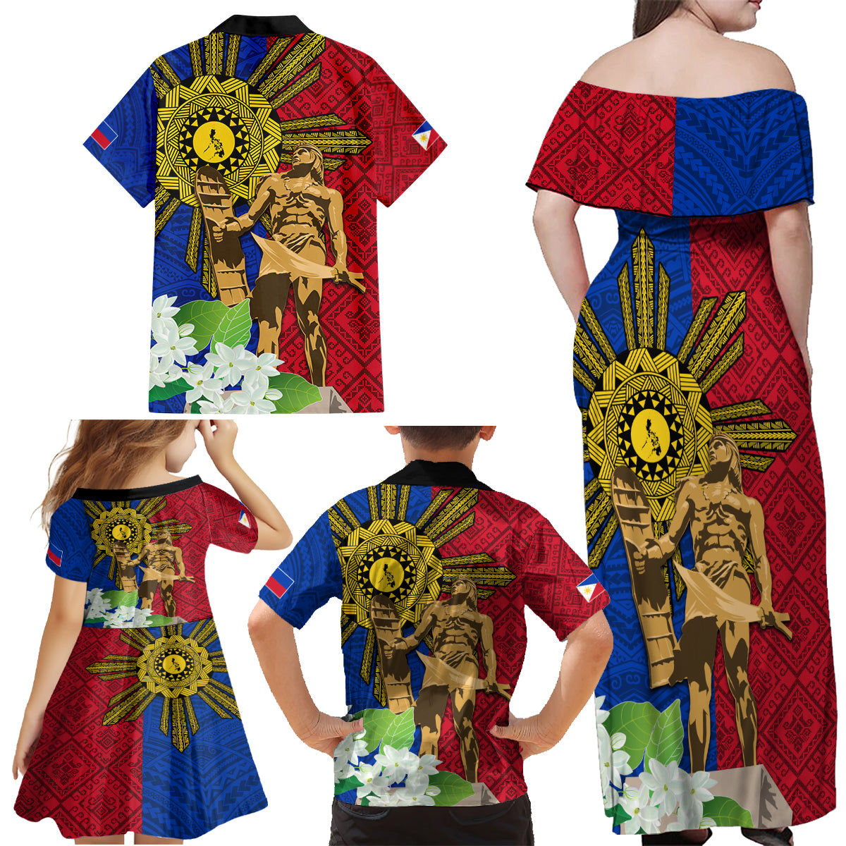 Philippines Lapu Lapu King Jasmine Flowers Family Matching Off Shoulder Maxi Dress and Hawaiian Shirt Filipino Sun Tattoo - Wonder Print Shop