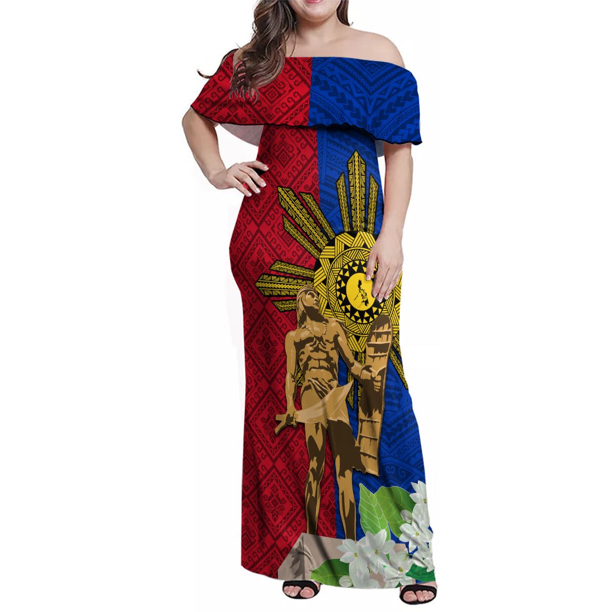 Philippines Lapu Lapu King Jasmine Flowers Family Matching Off Shoulder Maxi Dress and Hawaiian Shirt Filipino Sun Tattoo - Wonder Print Shop