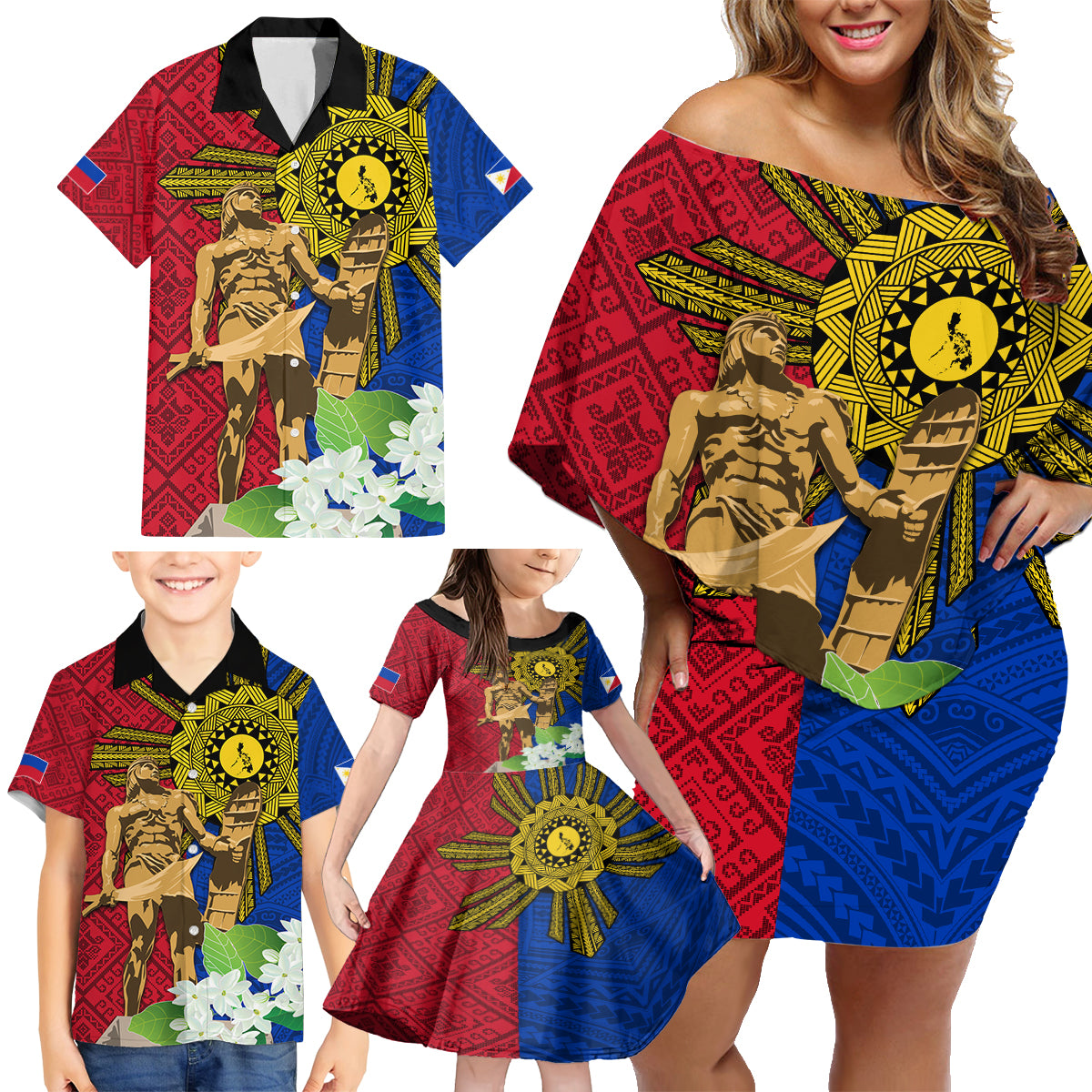 Philippines Lapu Lapu King Jasmine Flowers Family Matching Off Shoulder Short Dress and Hawaiian Shirt Filipino Sun Tattoo - Wonder Print Shop