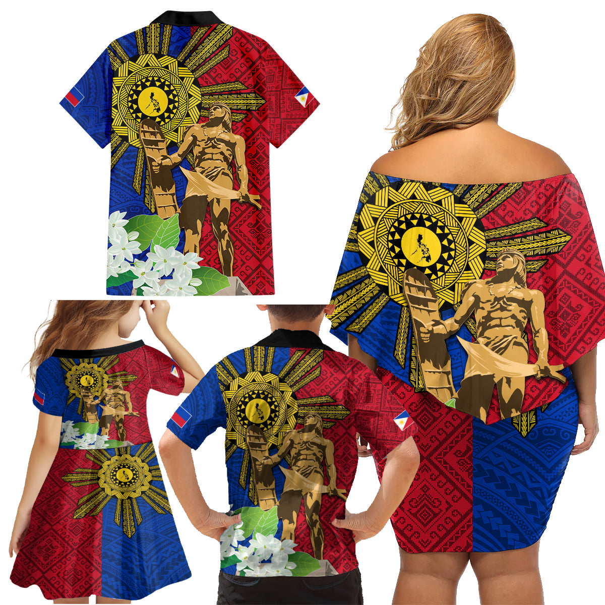 Philippines Lapu Lapu King Jasmine Flowers Family Matching Off Shoulder Short Dress and Hawaiian Shirt Filipino Sun Tattoo - Wonder Print Shop