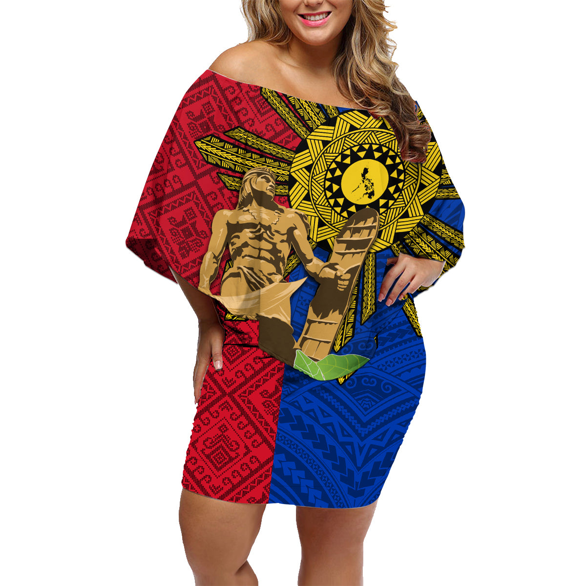 Philippines Lapu Lapu King Jasmine Flowers Family Matching Off Shoulder Short Dress and Hawaiian Shirt Filipino Sun Tattoo - Wonder Print Shop