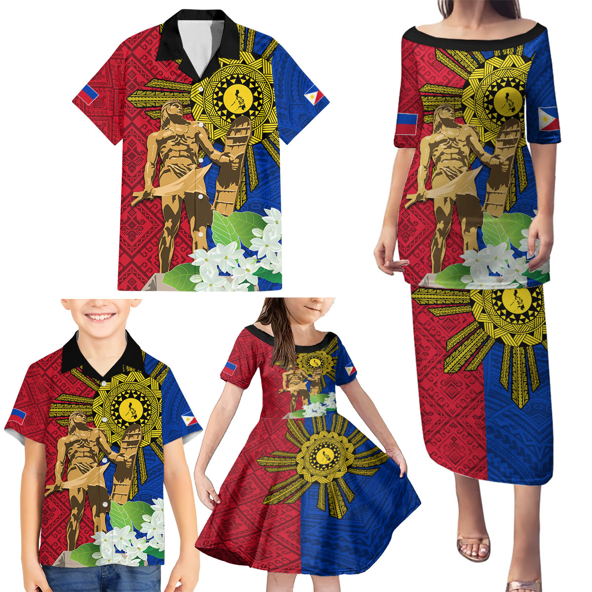 Philippines Lapu Lapu King Jasmine Flowers Family Matching Puletasi and Hawaiian Shirt Filipino Sun Tattoo - Wonder Print Shop