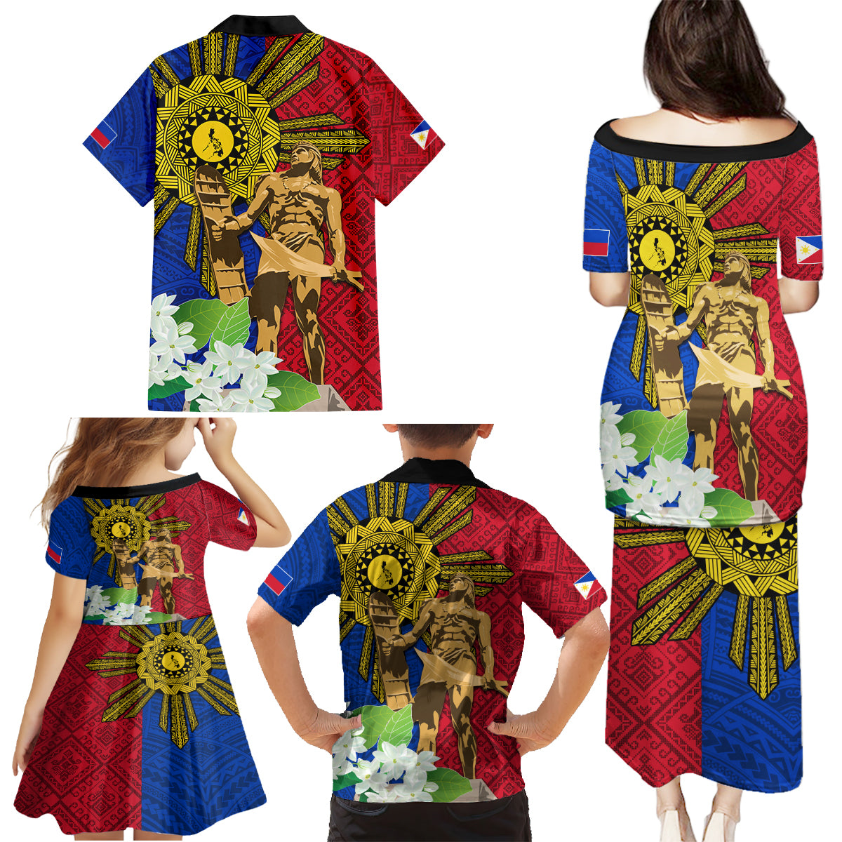 Philippines Lapu Lapu King Jasmine Flowers Family Matching Puletasi and Hawaiian Shirt Filipino Sun Tattoo - Wonder Print Shop