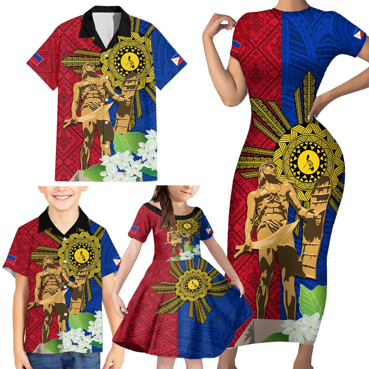 Philippines Lapu Lapu King Jasmine Flowers Family Matching Short Sleeve Bodycon Dress and Hawaiian Shirt Filipino Sun Tattoo - Wonder Print Shop