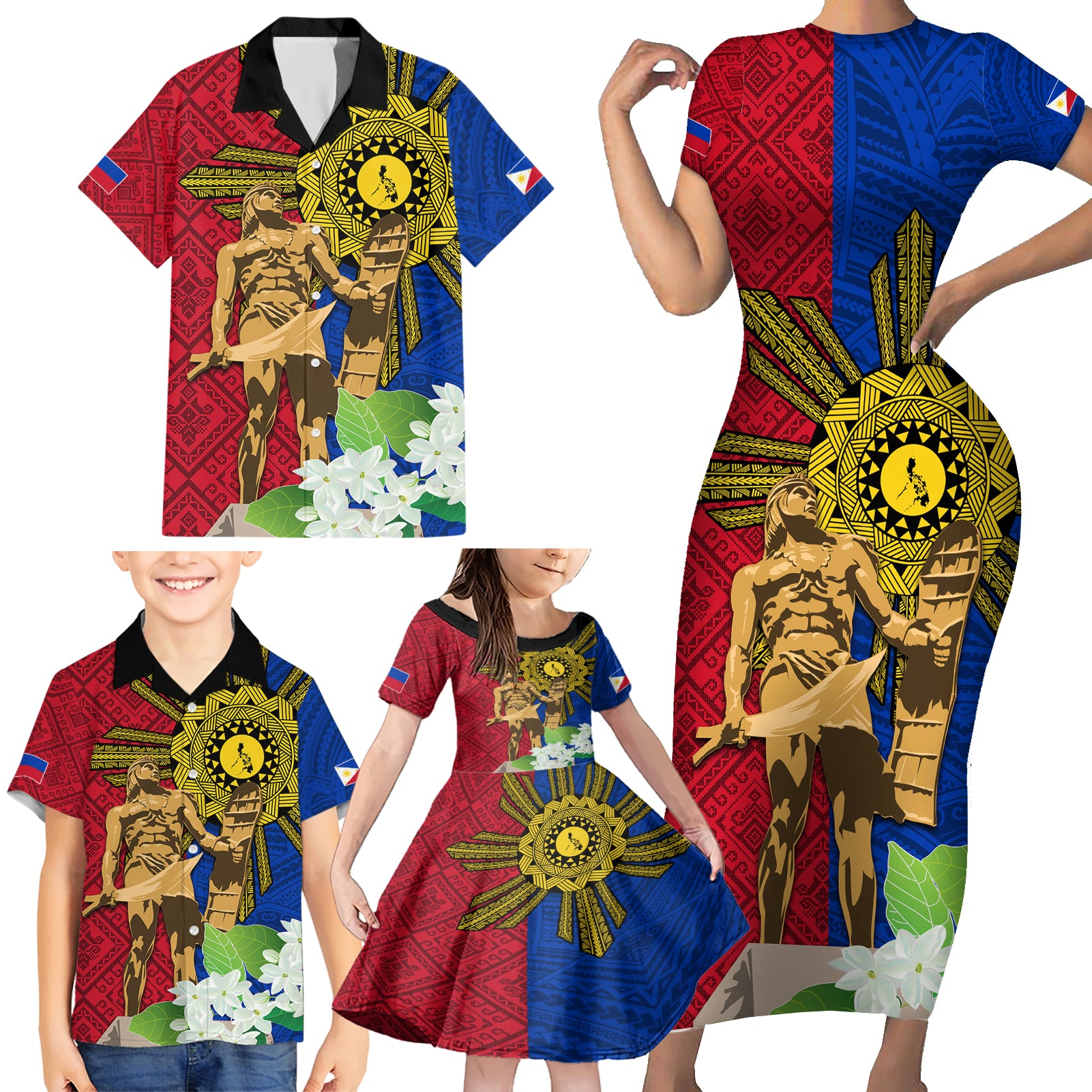 Philippines Lapu Lapu King Jasmine Flowers Family Matching Short Sleeve Bodycon Dress and Hawaiian Shirt Filipino Sun Tattoo - Wonder Print Shop
