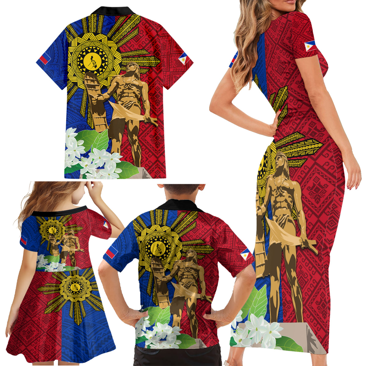 Philippines Lapu Lapu King Jasmine Flowers Family Matching Short Sleeve Bodycon Dress and Hawaiian Shirt Filipino Sun Tattoo - Wonder Print Shop