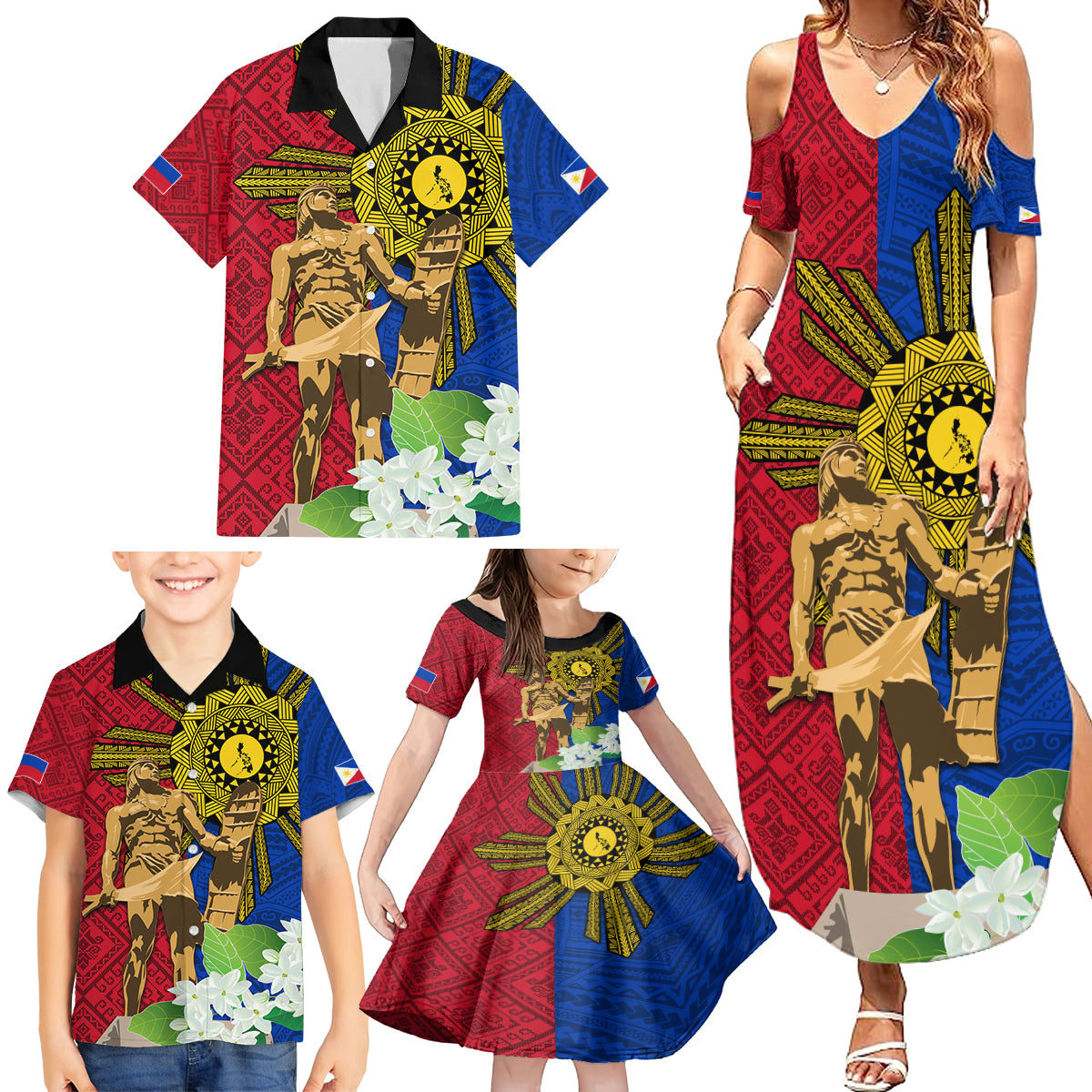 Philippines Lapu Lapu King Jasmine Flowers Family Matching Summer Maxi Dress and Hawaiian Shirt Filipino Sun Tattoo - Wonder Print Shop
