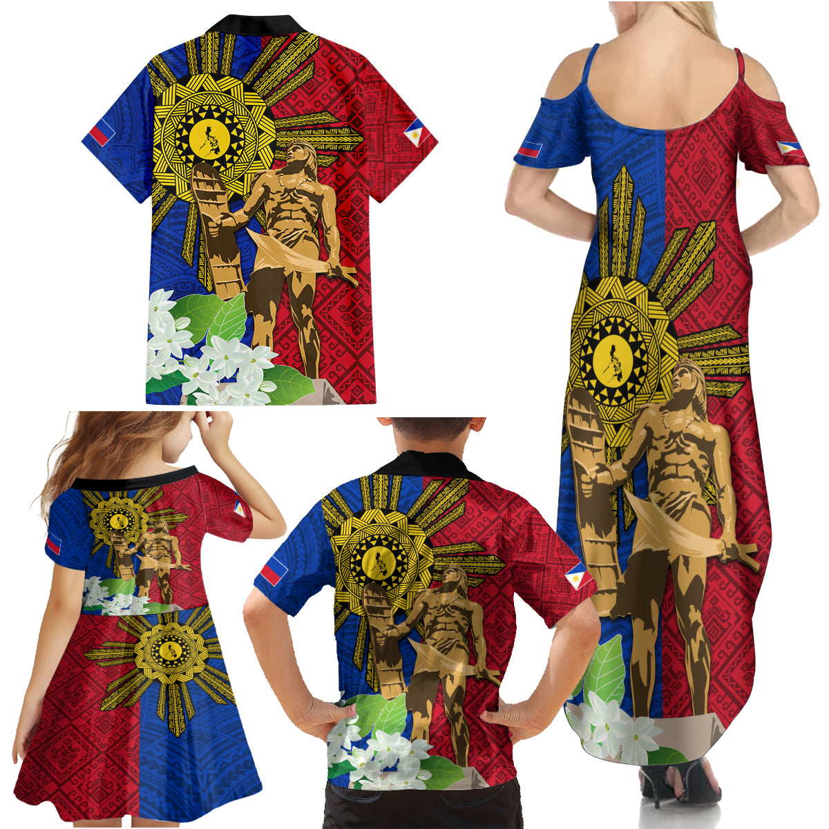 Philippines Lapu Lapu King Jasmine Flowers Family Matching Summer Maxi Dress and Hawaiian Shirt Filipino Sun Tattoo - Wonder Print Shop