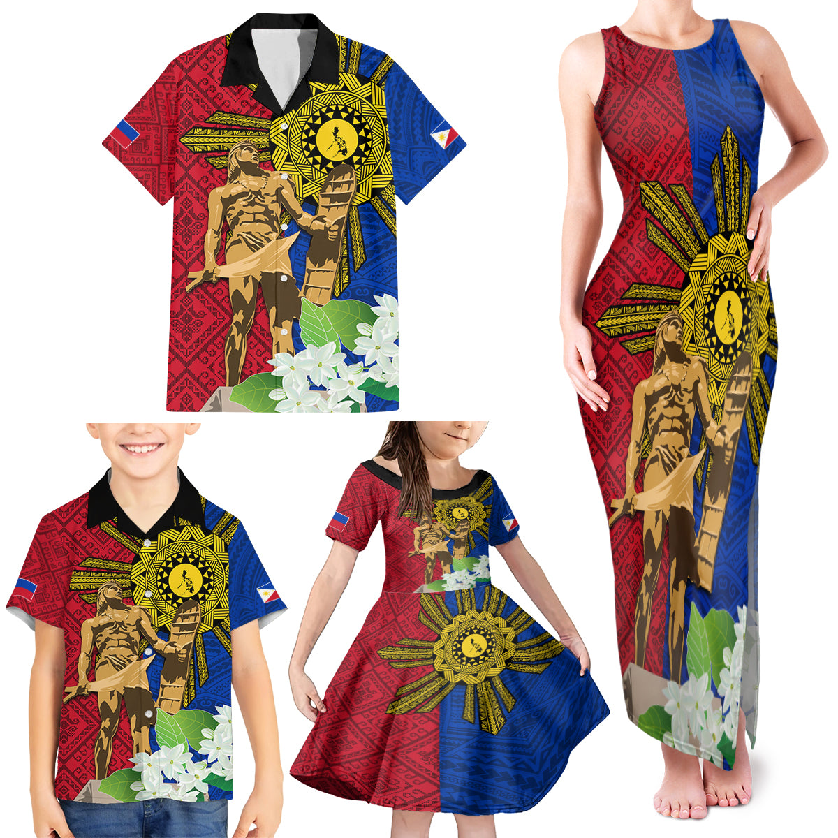 Philippines Lapu Lapu King Jasmine Flowers Family Matching Tank Maxi Dress and Hawaiian Shirt Filipino Sun Tattoo - Wonder Print Shop