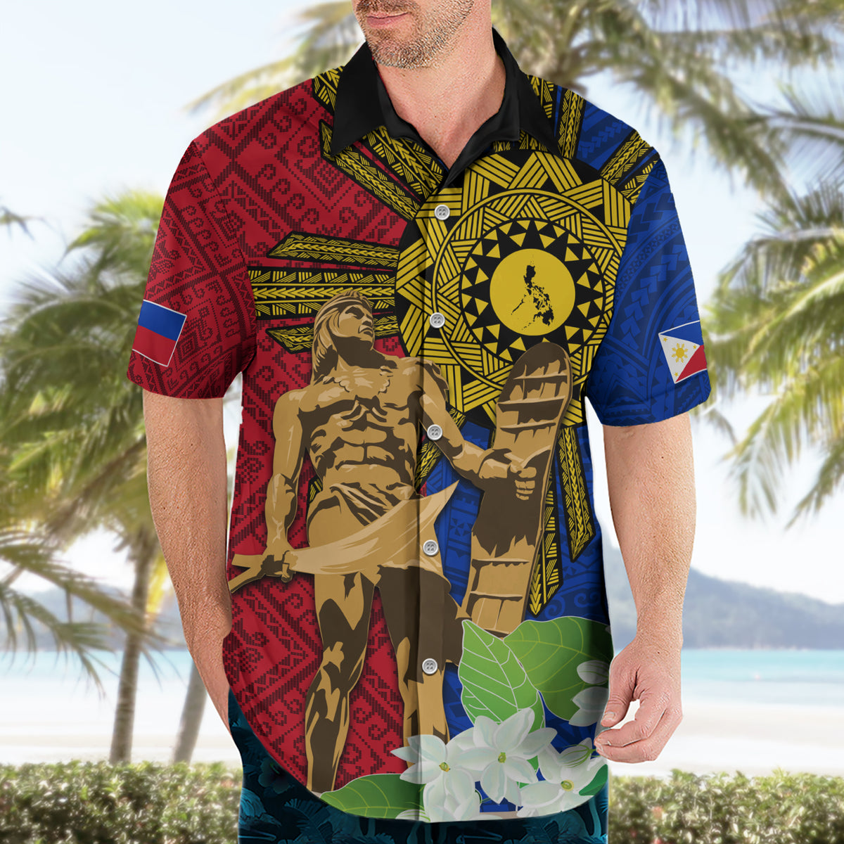 Philippines Lapu Lapu King Jasmine Flowers Hawaiian Shirt Filipino Sun Tattoo - Wonder Print Shop