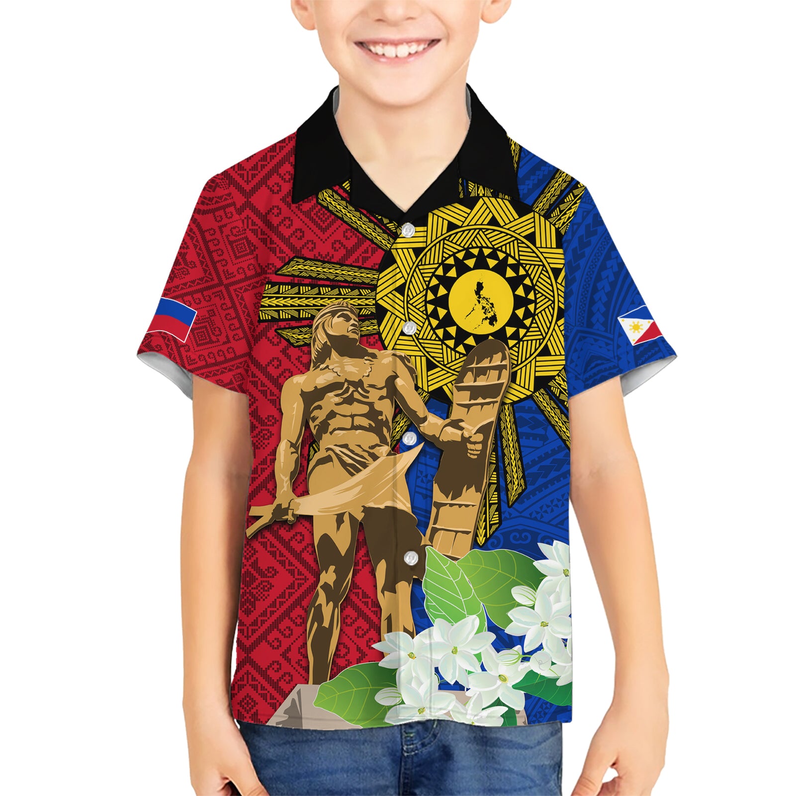 Philippines Lapu Lapu King Jasmine Flowers Kid Hawaiian Shirt Filipino Sun Tattoo - Wonder Print Shop