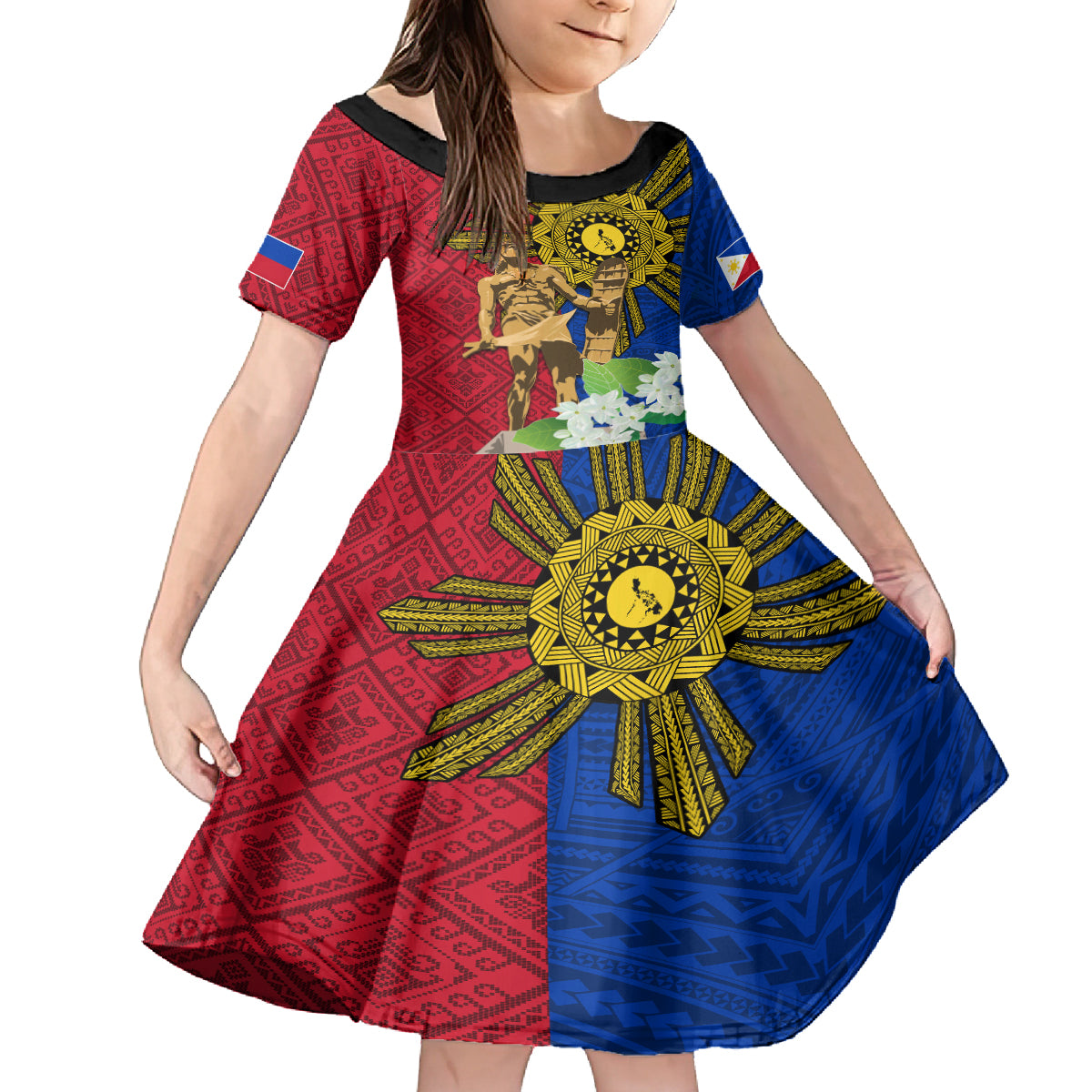 Philippines Lapu Lapu King Jasmine Flowers Kid Short Sleeve Dress Filipino Sun Tattoo - Wonder Print Shop