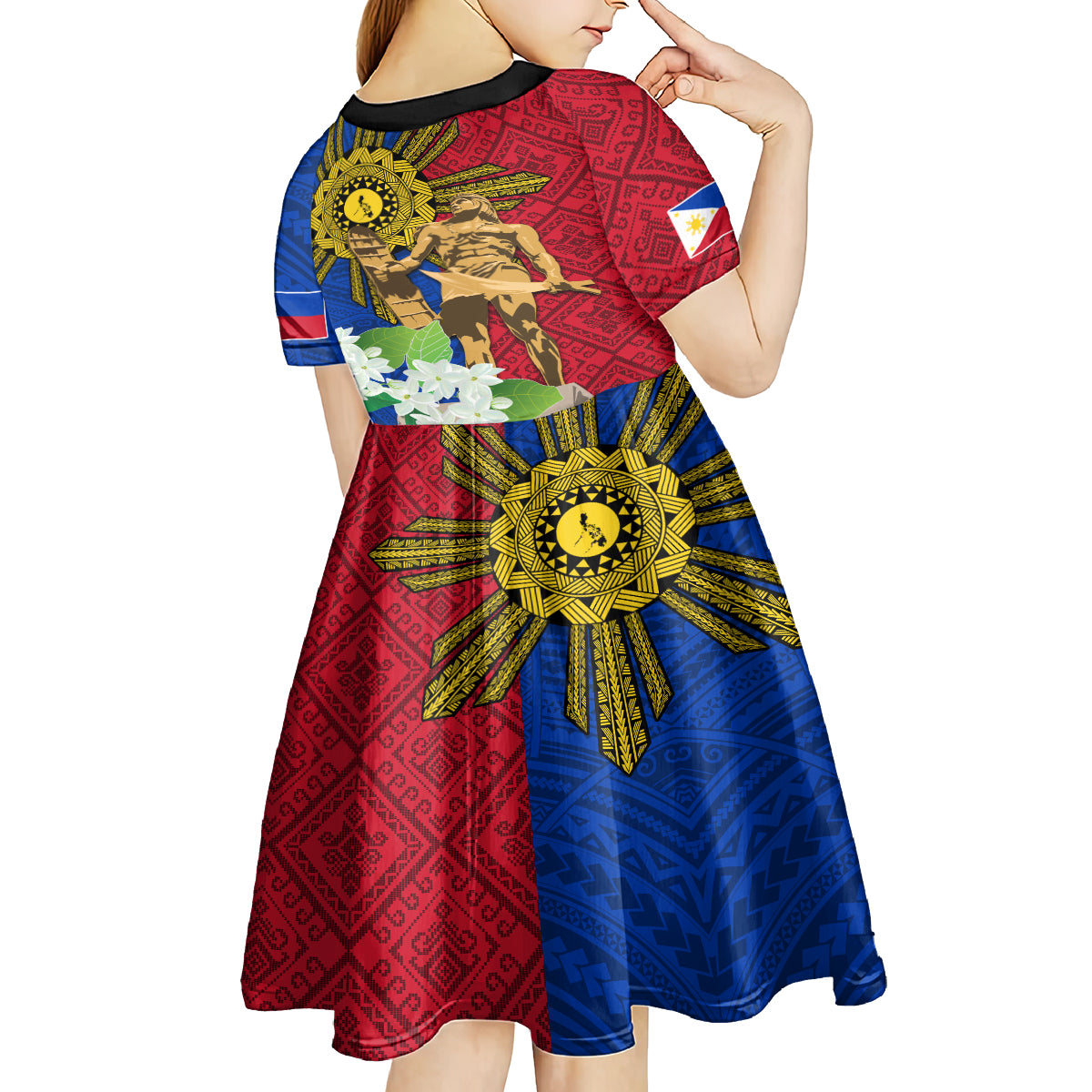 Philippines Lapu Lapu King Jasmine Flowers Kid Short Sleeve Dress Filipino Sun Tattoo - Wonder Print Shop