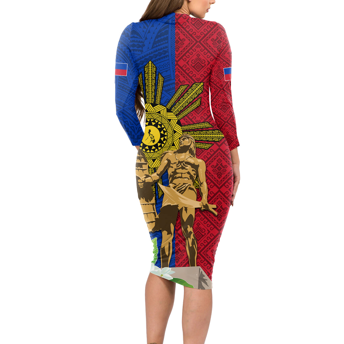 Philippines Lapu Lapu King Jasmine Flowers Long Sleeve Bodycon Dress Filipino Sun Tattoo - Wonder Print Shop
