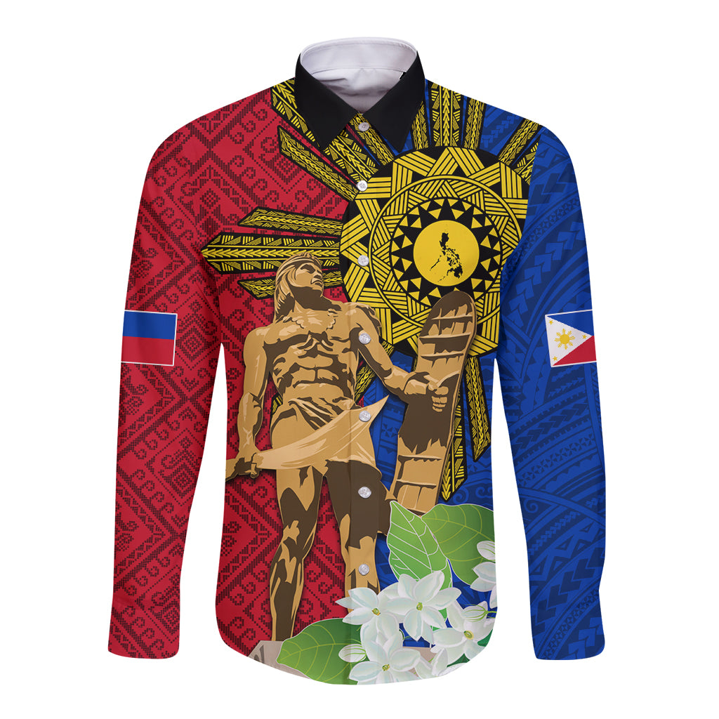 Philippines Lapu Lapu King Jasmine Flowers Long Sleeve Button Shirt Filipino Sun Tattoo - Wonder Print Shop