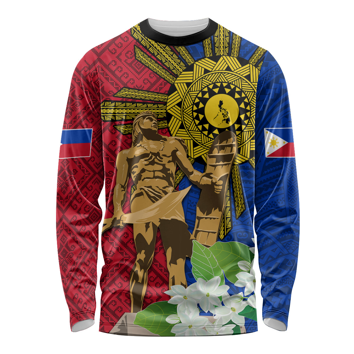 Philippines Lapu Lapu King Jasmine Flowers Long Sleeve Shirt Filipino Sun Tattoo - Wonder Print Shop