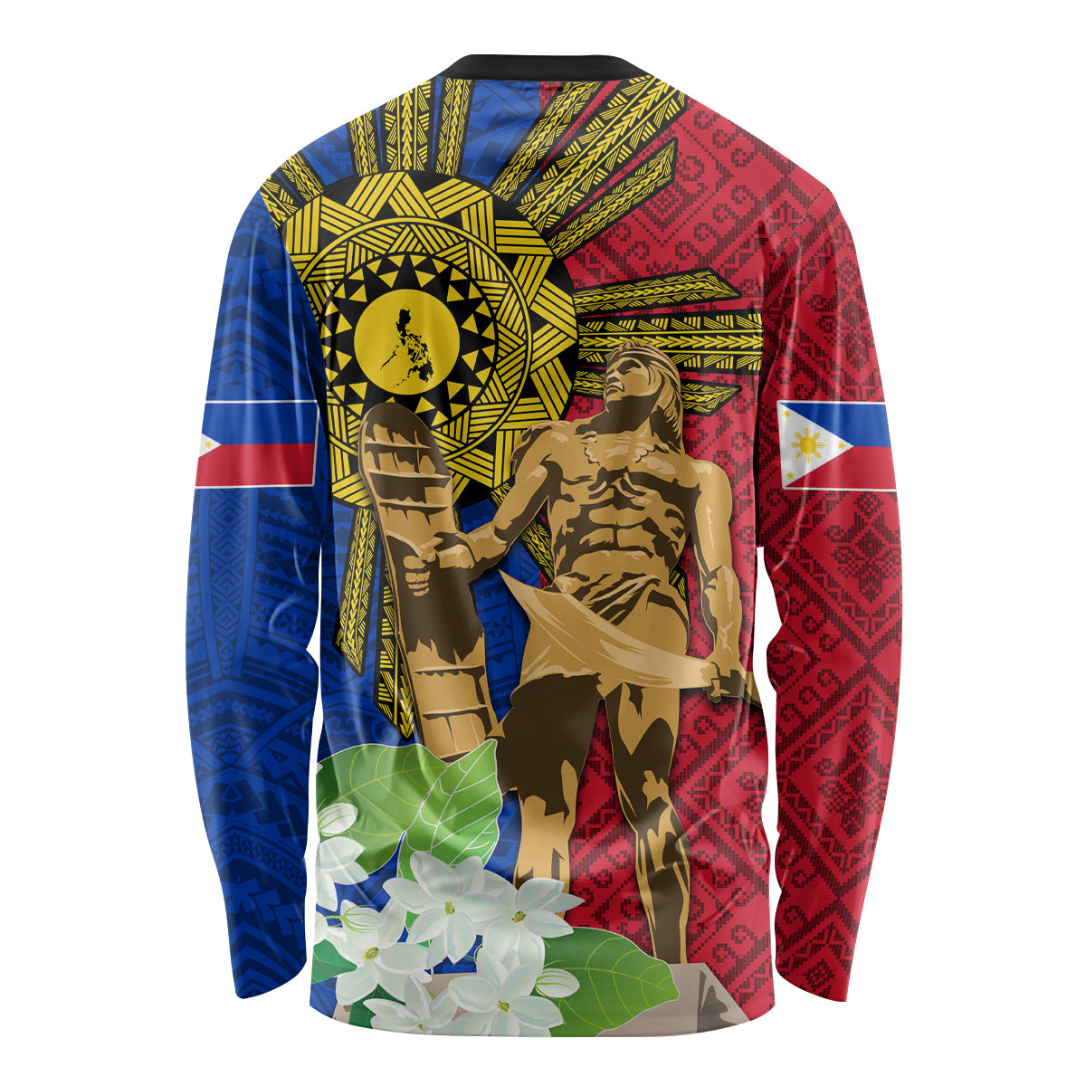 Philippines Lapu Lapu King Jasmine Flowers Long Sleeve Shirt Filipino Sun Tattoo - Wonder Print Shop