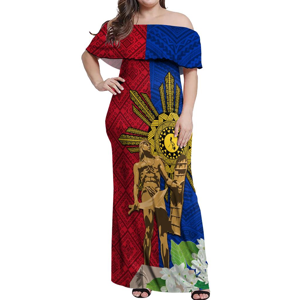 Philippines Lapu Lapu King Jasmine Flowers Off Shoulder Maxi Dress Filipino Sun Tattoo - Wonder Print Shop
