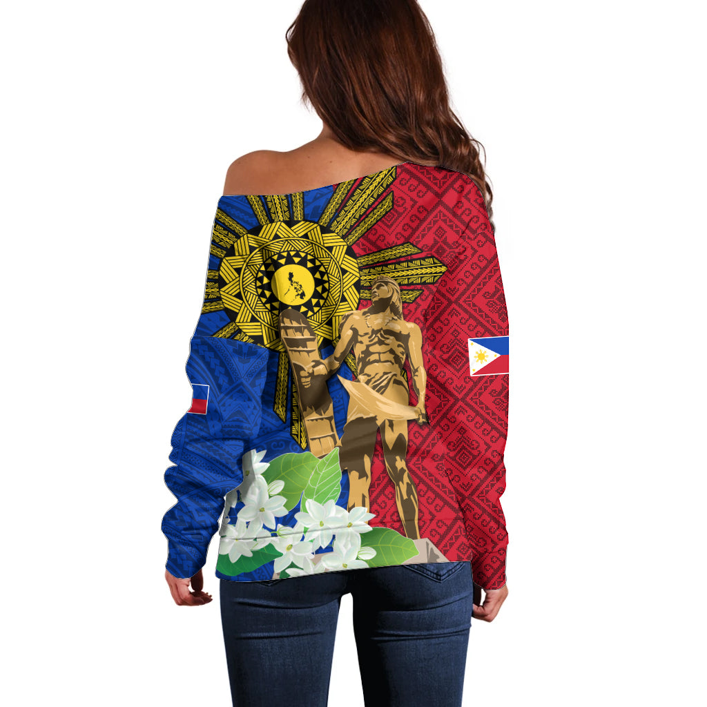 Philippines Lapu Lapu King Jasmine Flowers Off Shoulder Sweater Filipino Sun Tattoo - Wonder Print Shop
