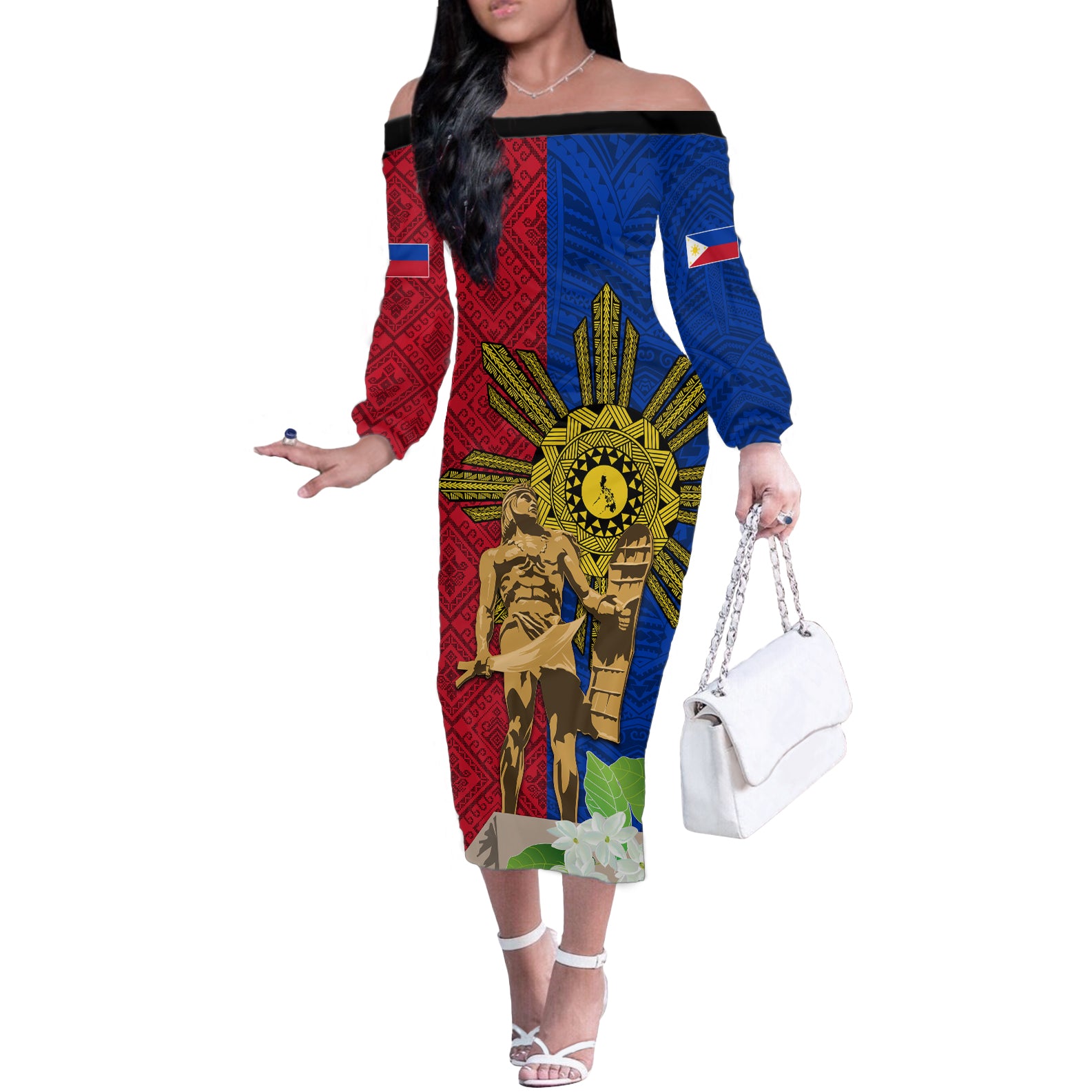 Philippines Lapu Lapu King Jasmine Flowers Off The Shoulder Long Sleeve Dress Filipino Sun Tattoo - Wonder Print Shop