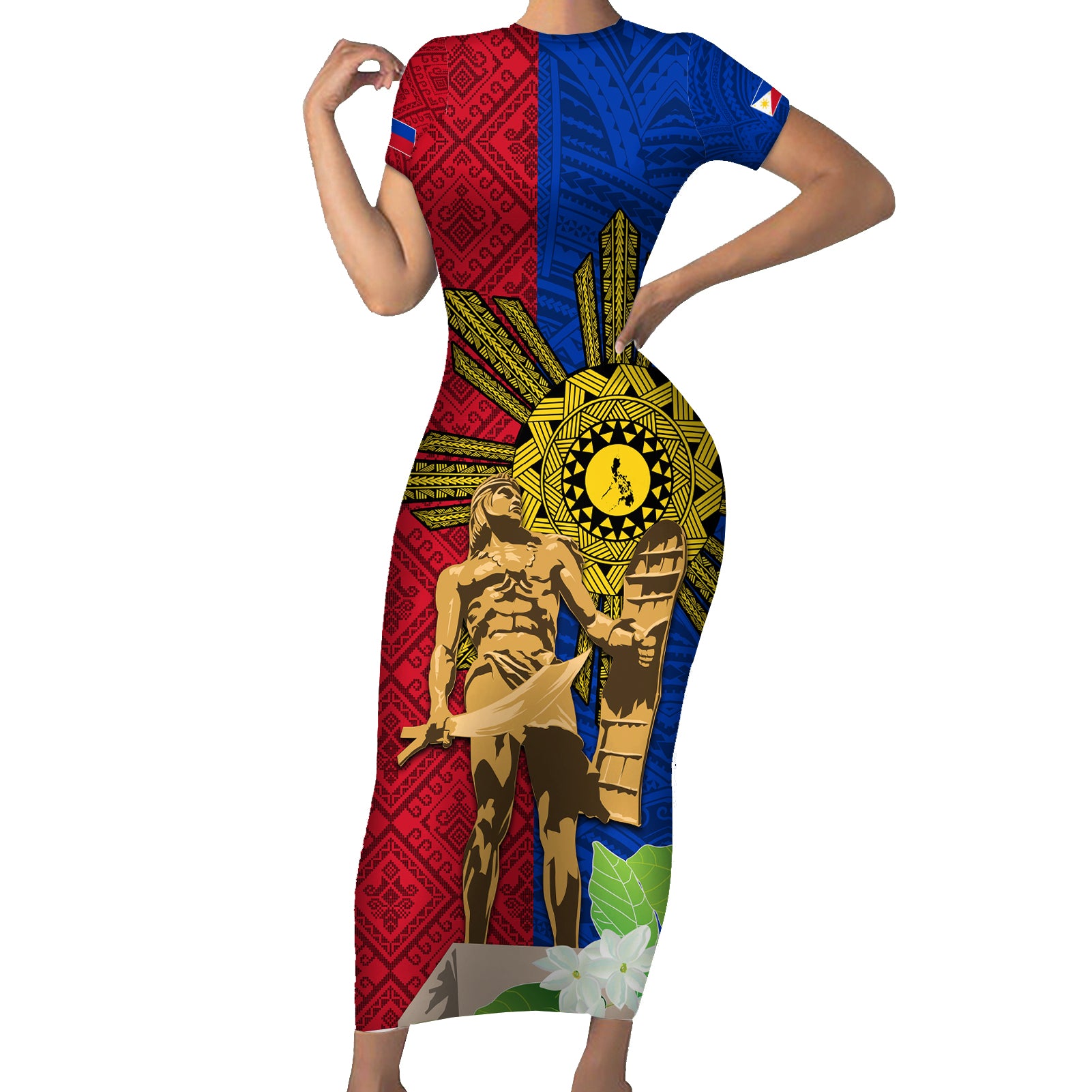 Philippines Lapu Lapu King Jasmine Flowers Short Sleeve Bodycon Dress Filipino Sun Tattoo - Wonder Print Shop