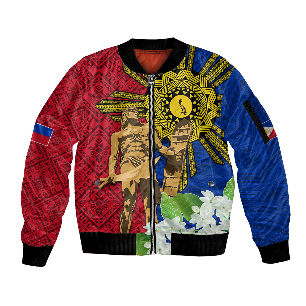 Philippines Lapu Lapu King Jasmine Flowers Sleeve Zip Bomber Jacket Filipino Sun Tattoo - Wonder Print Shop